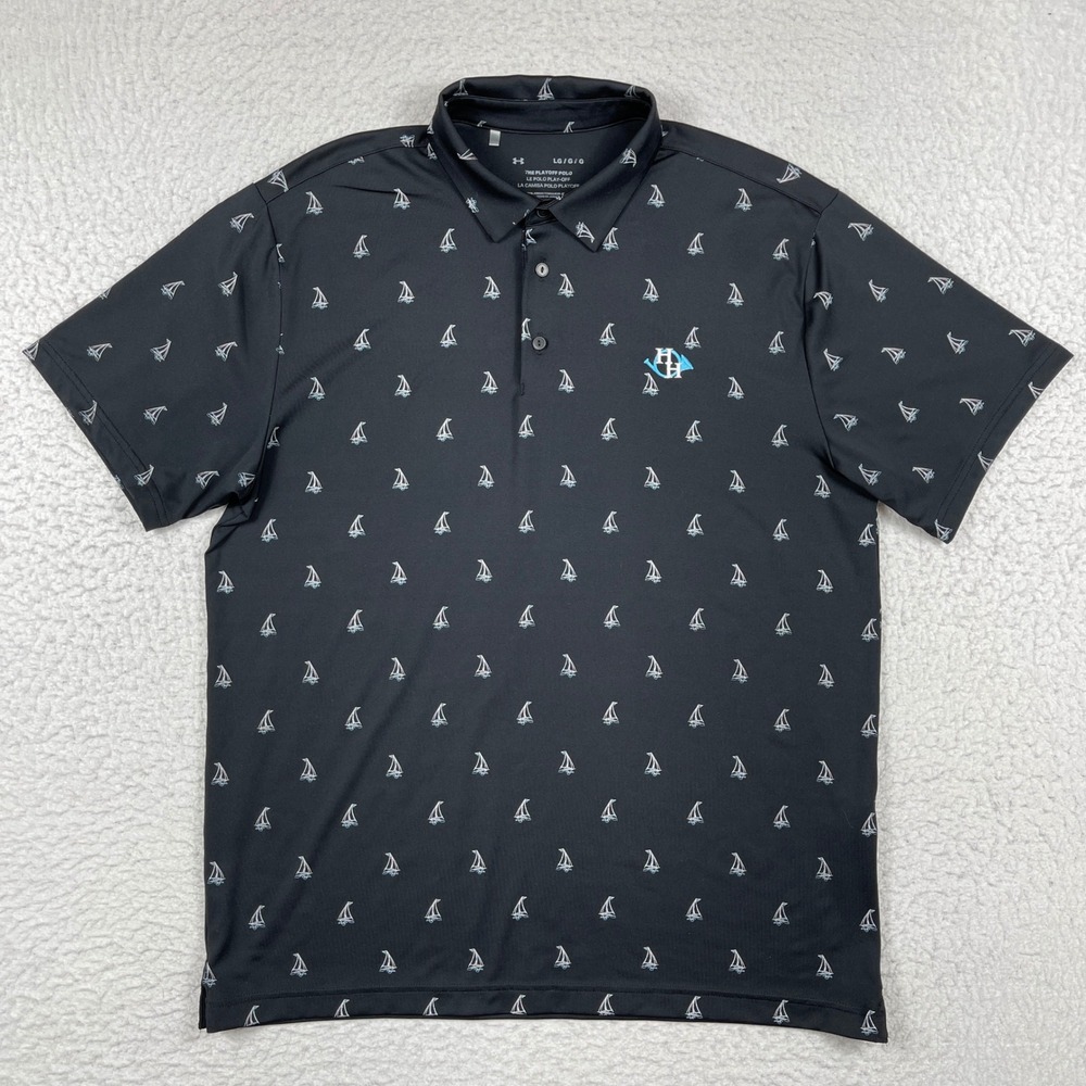 Under Armour Playoff Polo Mens Large Black Sailboat Print Nautical Golf Shirt